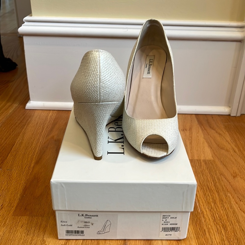 L.K. Bennett Erica Soft Gold high wedge, glitter knitted print